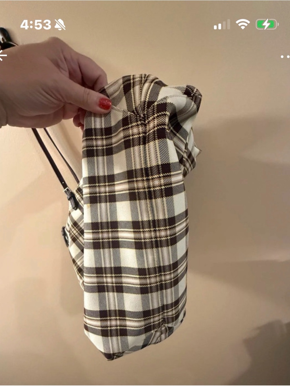 Tory Burch Plaid Canvas Tote Bag with Brown Trim and crossbody strap - Picture 3 of 9